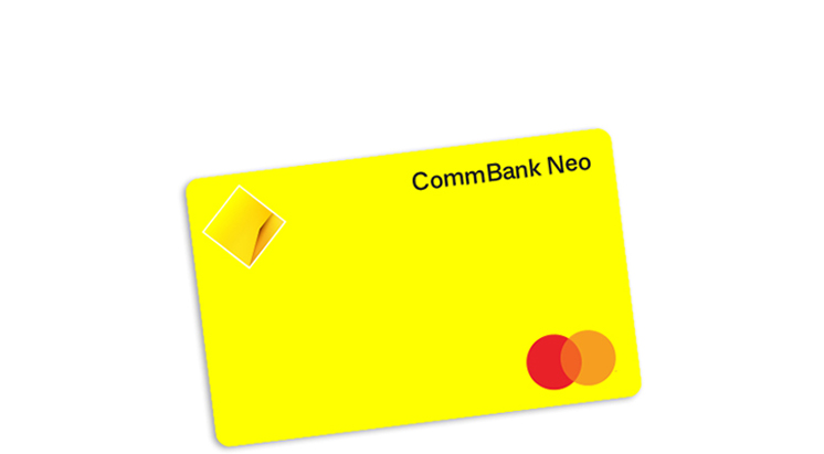 Front view of an Neo credit card with visible CommBank and Mastercard logos